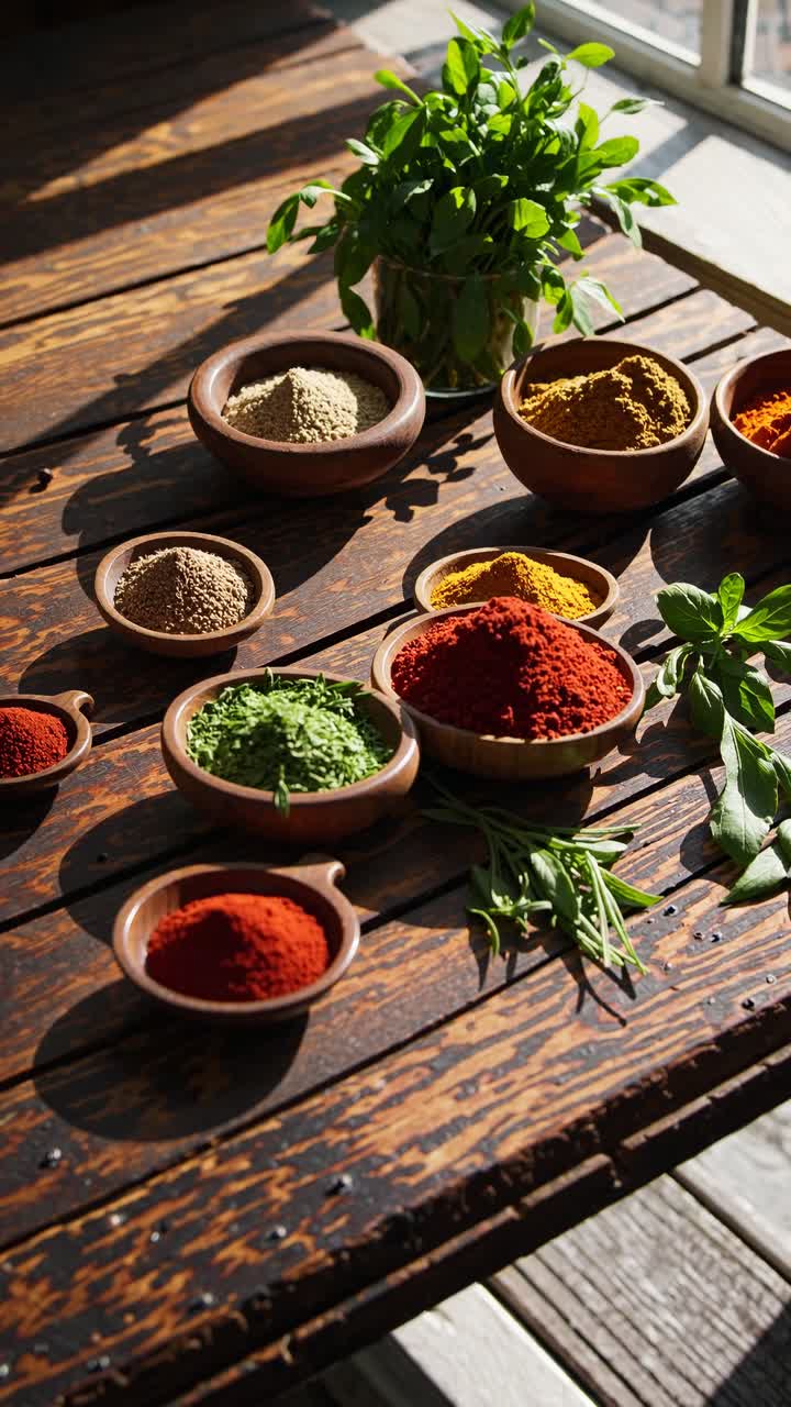 Top-down video shot of vibrant spices in wooden bowls on a rustic table, bathed in natural light