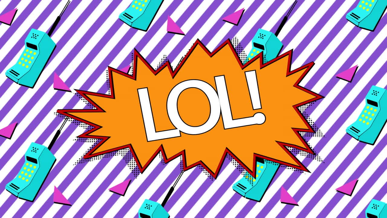 줄무 ⁇  배경에 여러 전화 아이콘에 대 한 오렌지 음성 거품에 lol 텍스트