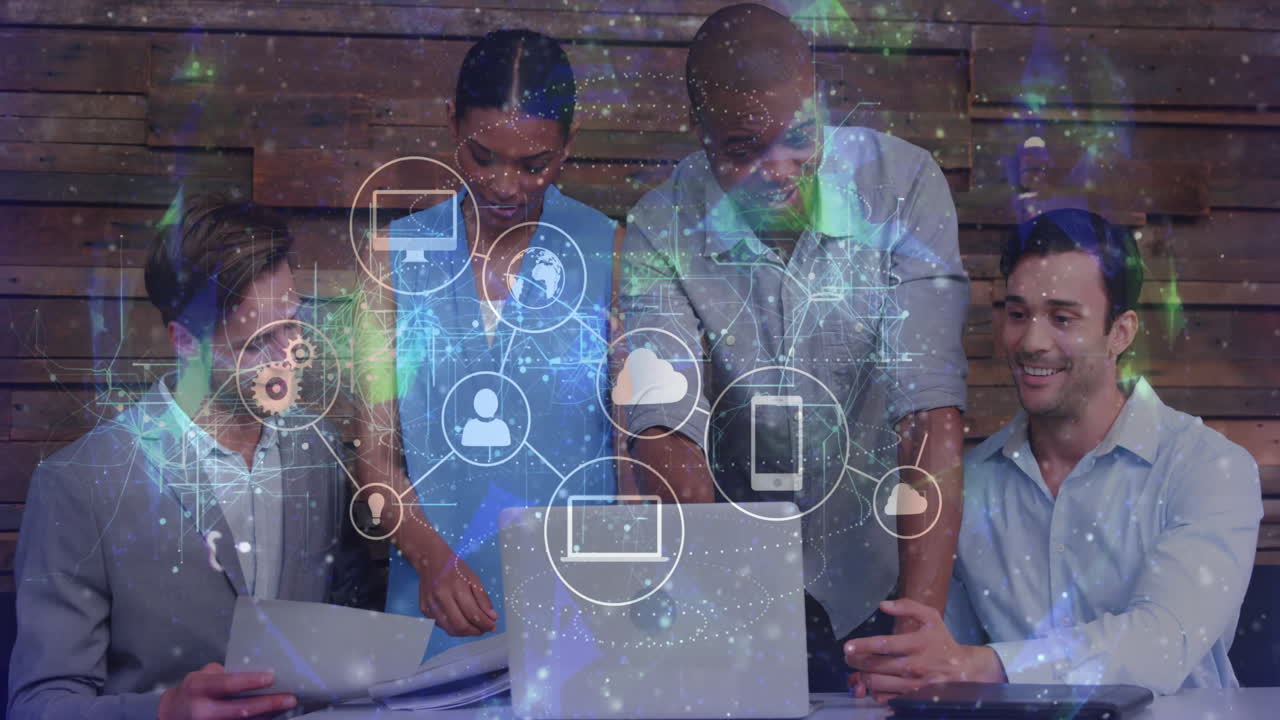 Collaborating with digital technology icons, diverse team working in school setting