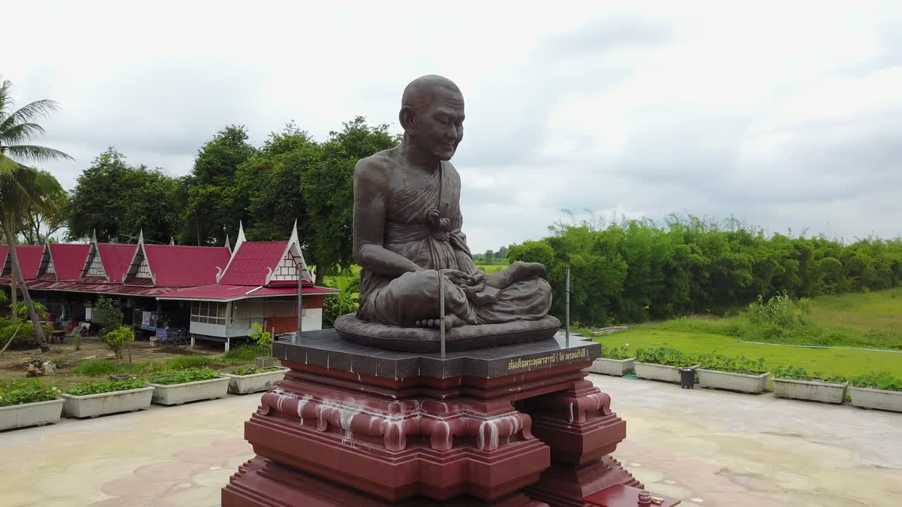 Peaceful temple with statue and palm trees at Wat Khun Inthapramun