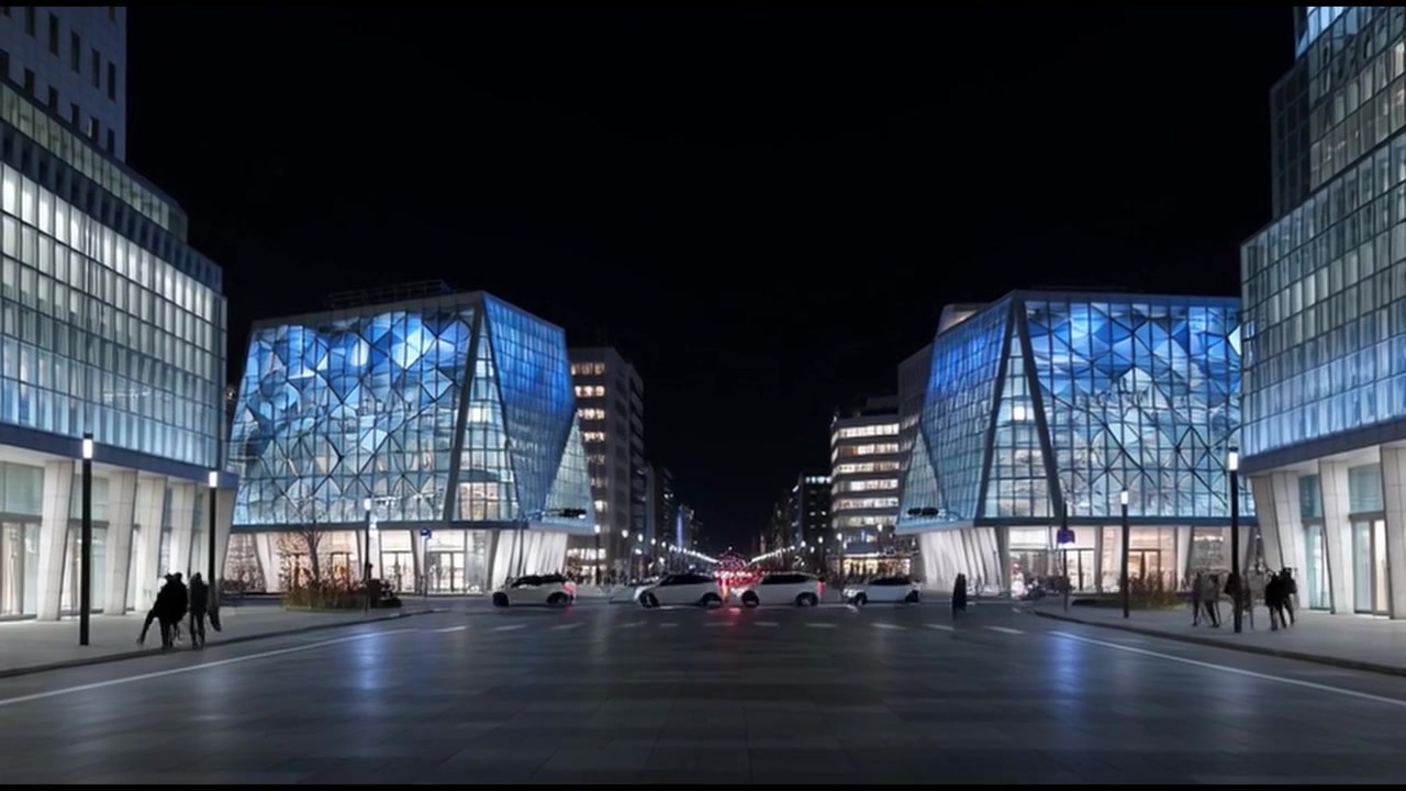 Strada cittadina moderna di notte con edifici in vetro illuminati
