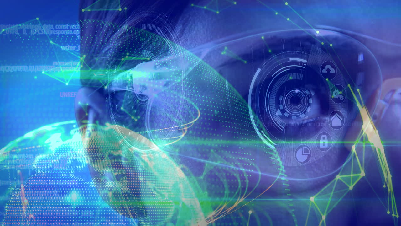 Science Composition Woman with virtual glasses and abstract illustration colored in gr