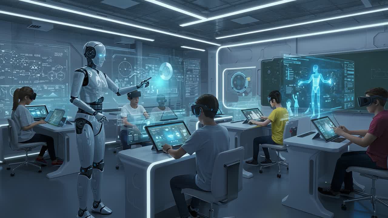 In a futuristic classroom, a humanoid robot interacts with students equipped with virtual reality headsets while engaging in advanced learning through interactive technology