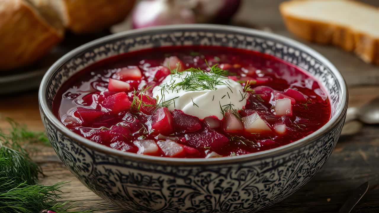 Traditional Ukrainian borscht soup with sour cream and dill is served in a bowl on a rustic wooden table, accompanied by fresh dill, red chili pepper, onion, and bread