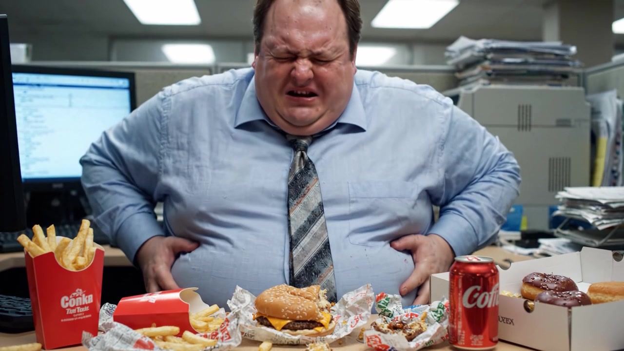 A Gluttonous Journey: A Hungry Office Worker Devours Fast Food but Faces the Consequences of Overindulgence as He Struggles with Regret at His Desk