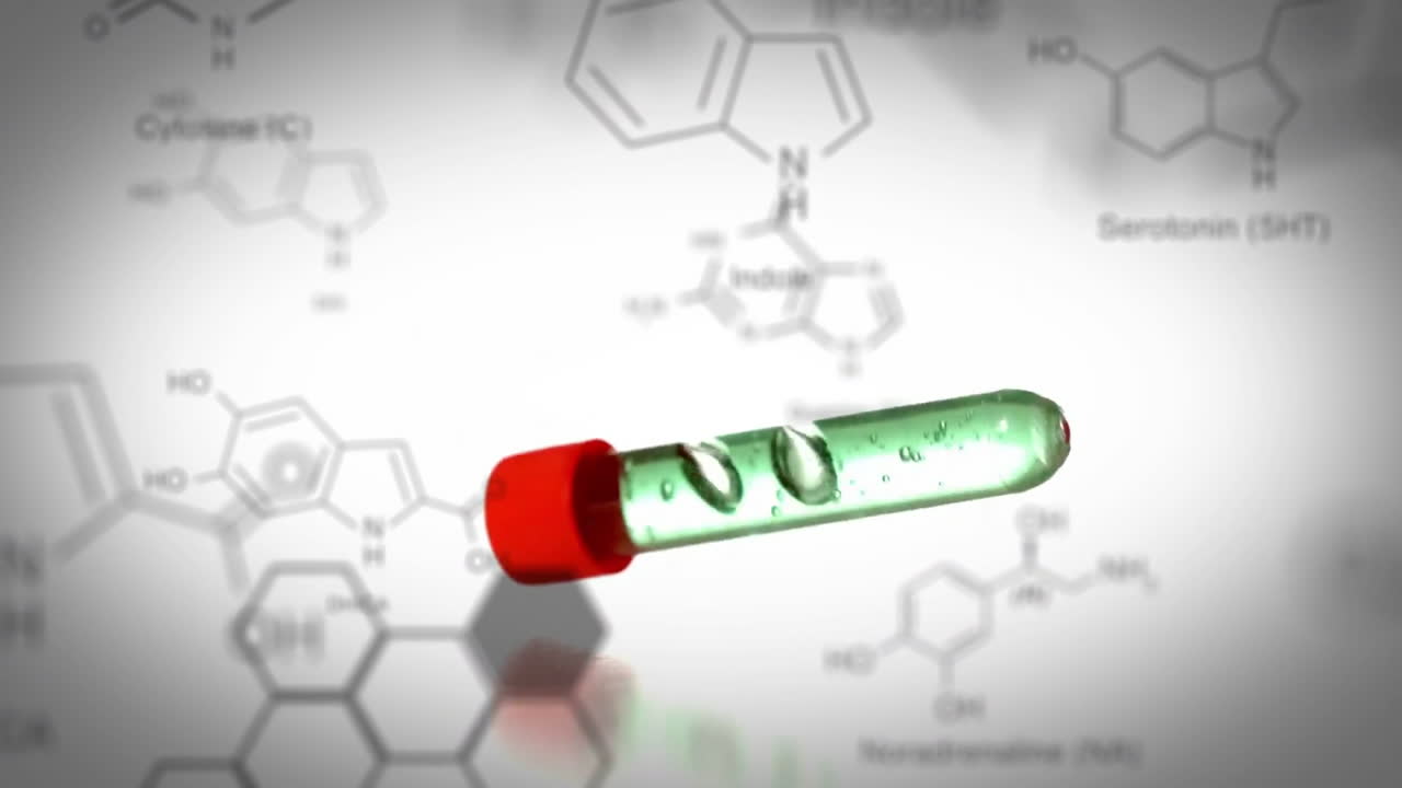 tubo de ensayo que cae con datos y fórmula estructural de compuestos químicos en primer plano