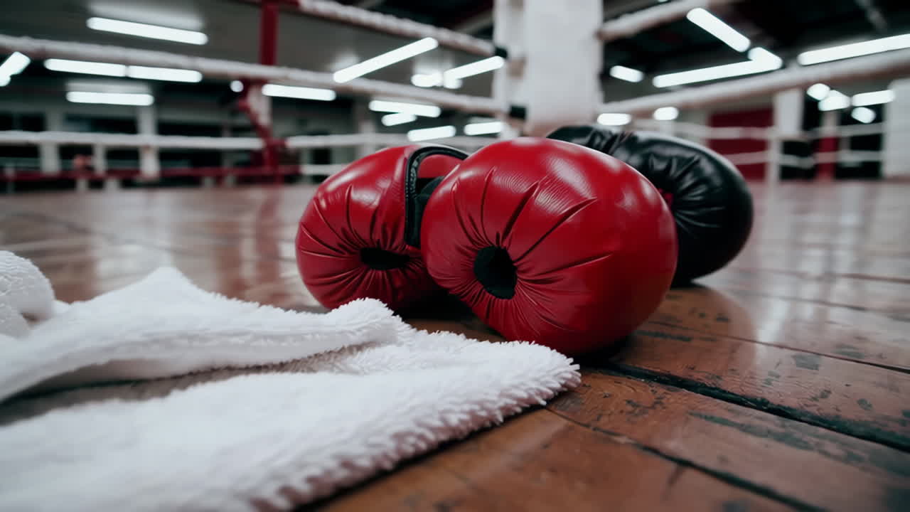 Boxing Gloves and Towel in a Boxing Ring