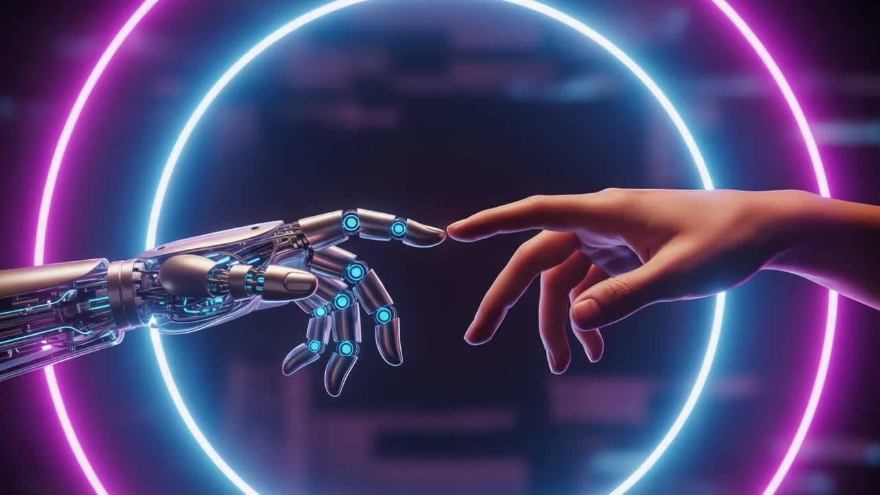 A Stunning Representation of Humanity Merging with Technology: The Touch of a Robotic Hand and a Human Hand Under Glowing Neon Lights