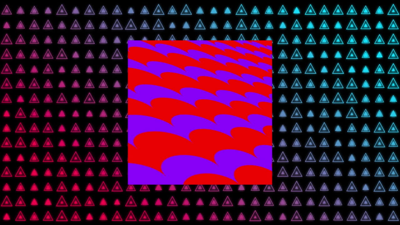 animación de ondas rojas y púrpuras sobre filas de triángulos parpadeantes sobre fondo negro