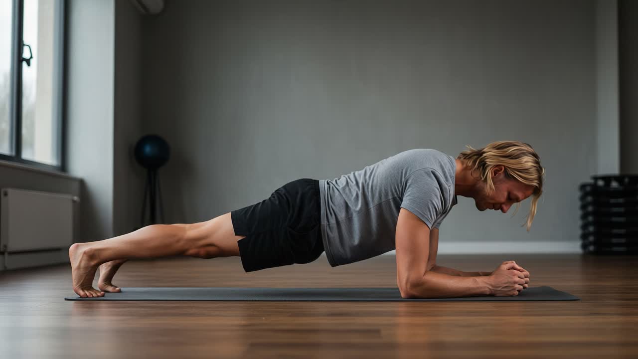 Focused Strength Training: A Dedicated Individual Performing the Plank Exercise to Build Core Stability and Improve Overall Fitness in a Tranquil Indoor Environment