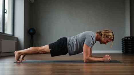 focused strength training: a dedicated individual performing the plank exercise to build core stability and improve overall fitness in a tranquil indoor environment