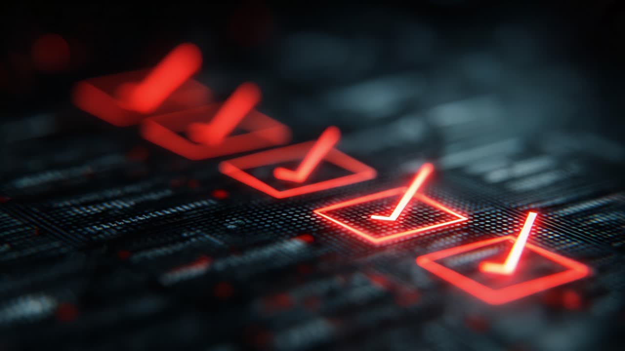 A Close-Up View of a Hand with a Red Pencil Marking Completed Checkboxes in a Digital Environment, Highlighting Efficiency and Attention to Detail