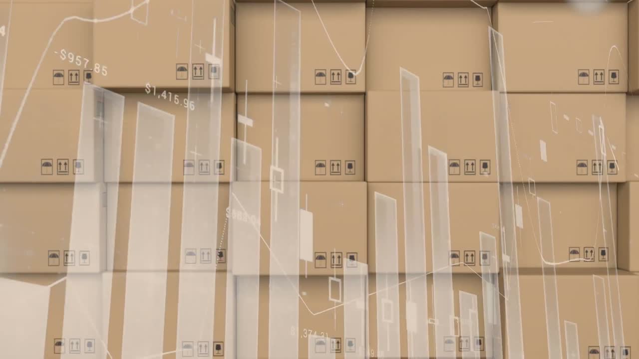 procesamiento de datos estadísticos contra la pila de cajas de entrega en el almacén