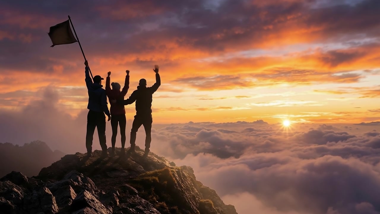 Three people standing on a rocky mountain peak celebrating at sunset with a flag