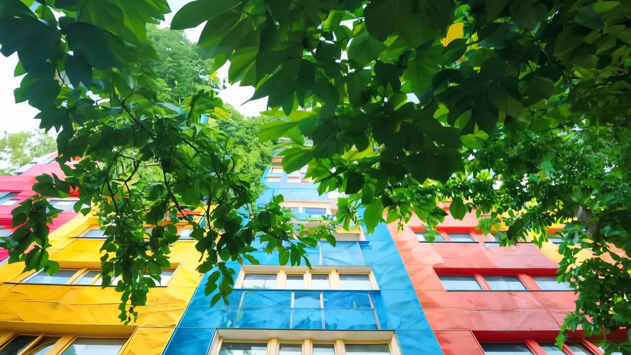 많은 창문과 나무가 있는 다채로운 건물