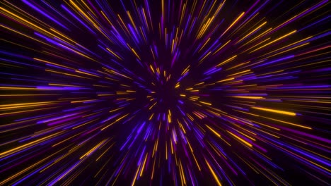 bucle sin costuras de partículas de luz líneas de zoom túnel en el espacio aire sobre fondo negro haz de brillo de neón láser abstracto animación 3d gráficos de movimiento efecto visual colorido 4k púrpura naranja