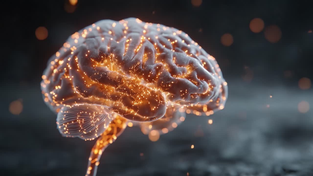 Una visualizzazione straordinaria di un cervello con connessioni neurali luminose e scintille, che dimostra la potenza e la complessità dei processi di pensiero umano e della cognizione.