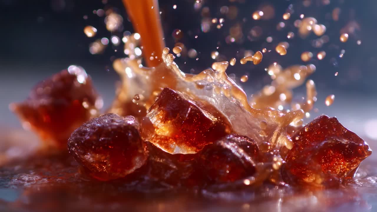 An Artistic Display of Liquid Cascading Over Glimmering Pieces of Amber-Hued Candy, Capturing the Beauty of Sweetness and Motion in a Stunning Macro Frame
