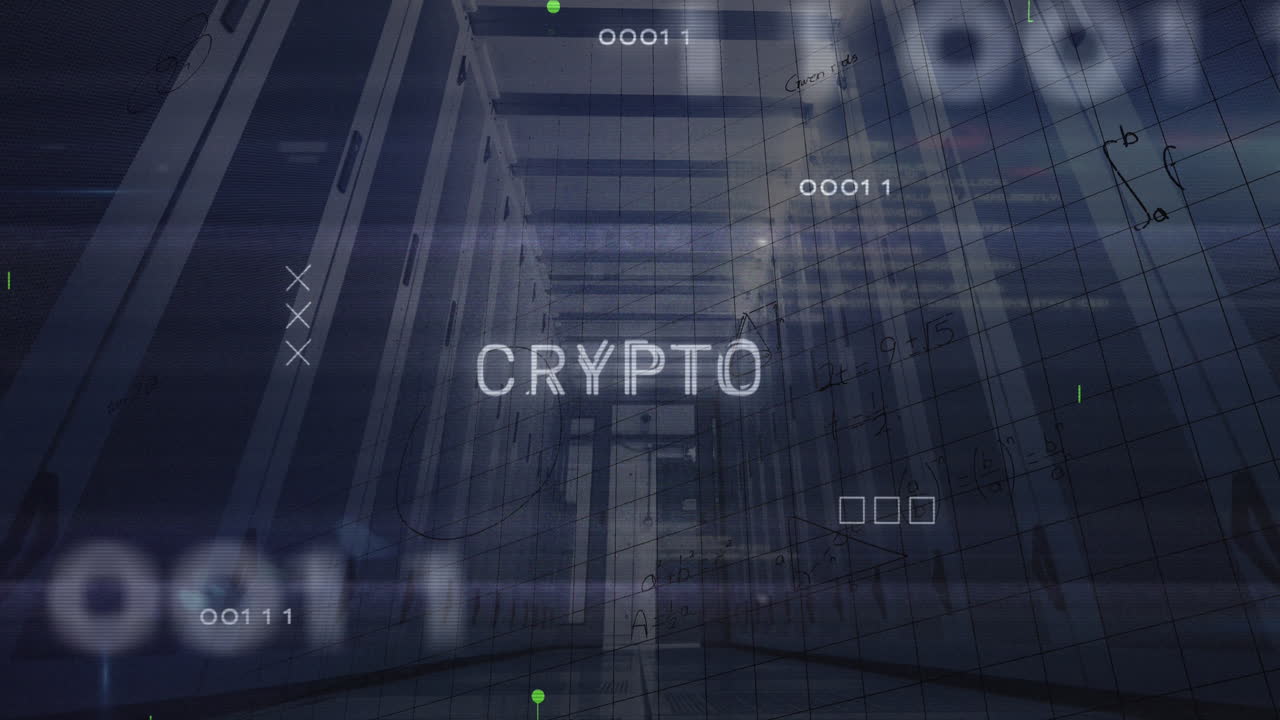 Animazione di testo "crypto", codici binari, linguaggio informatico, equazioni matematiche su sala server.