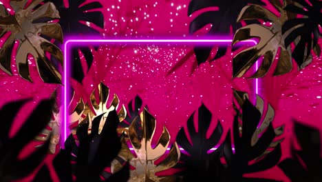 animación de hojas de plantas de monstera y rectángulo de neón rosa sobre árboles y luces rosas