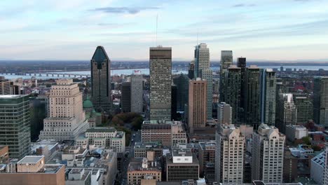 montreal, quebec, canada, aerial view of modern office buildings in the financial district at dusk during fall season