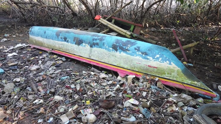 Mangrove Forest in Bali, Indonesia permeated with pollution and a dilapidated boat along the riverbed.