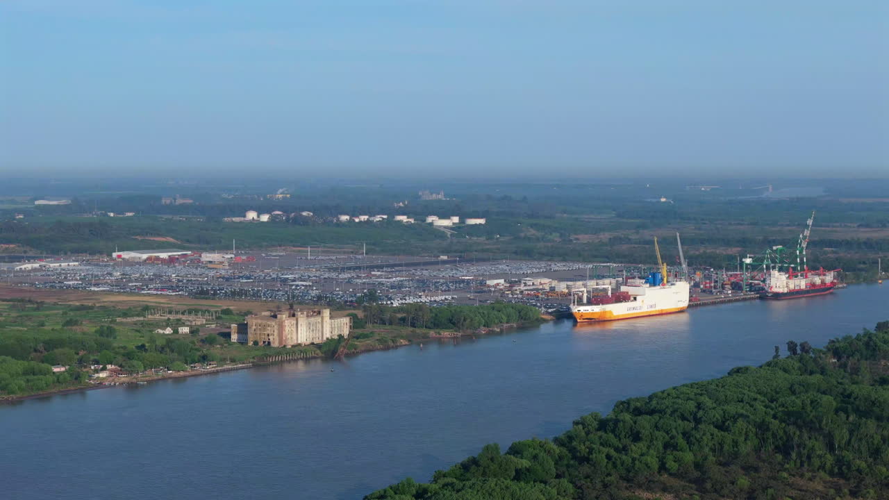 Aerial View of a Busy Cargo Port and River