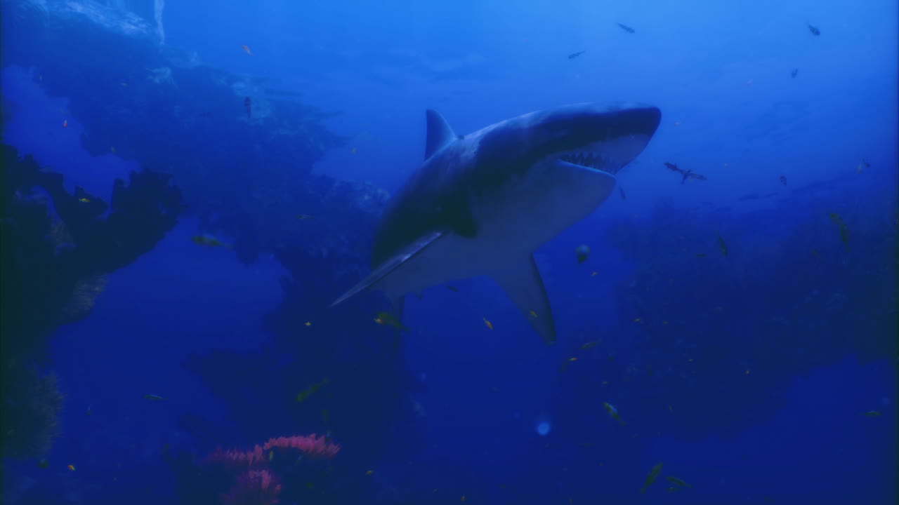 Shark swimming gracefully among coral reefs in a deep underwater environment