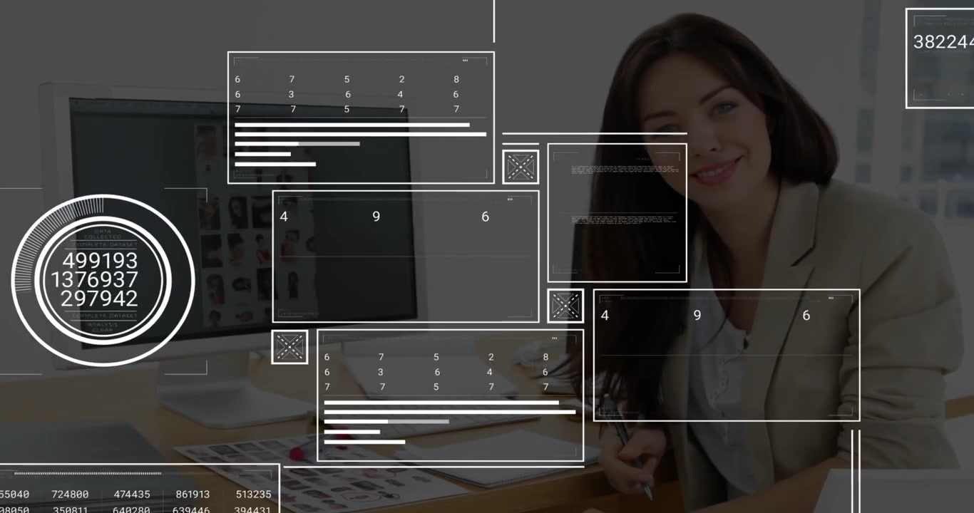 Vidéo verticale : Femme en blazer à son bureau vérifiant des impressions et réagissant à un affichage tête haute (HUD), avec un espace pour le texte.