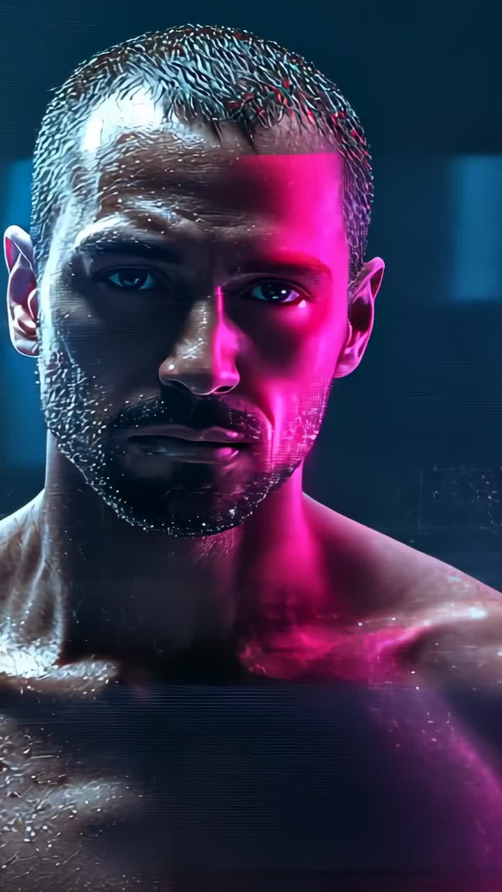 Vertical video: Shifting neon glitch bathing shirtless man holding gaze in studio, showing wet skin