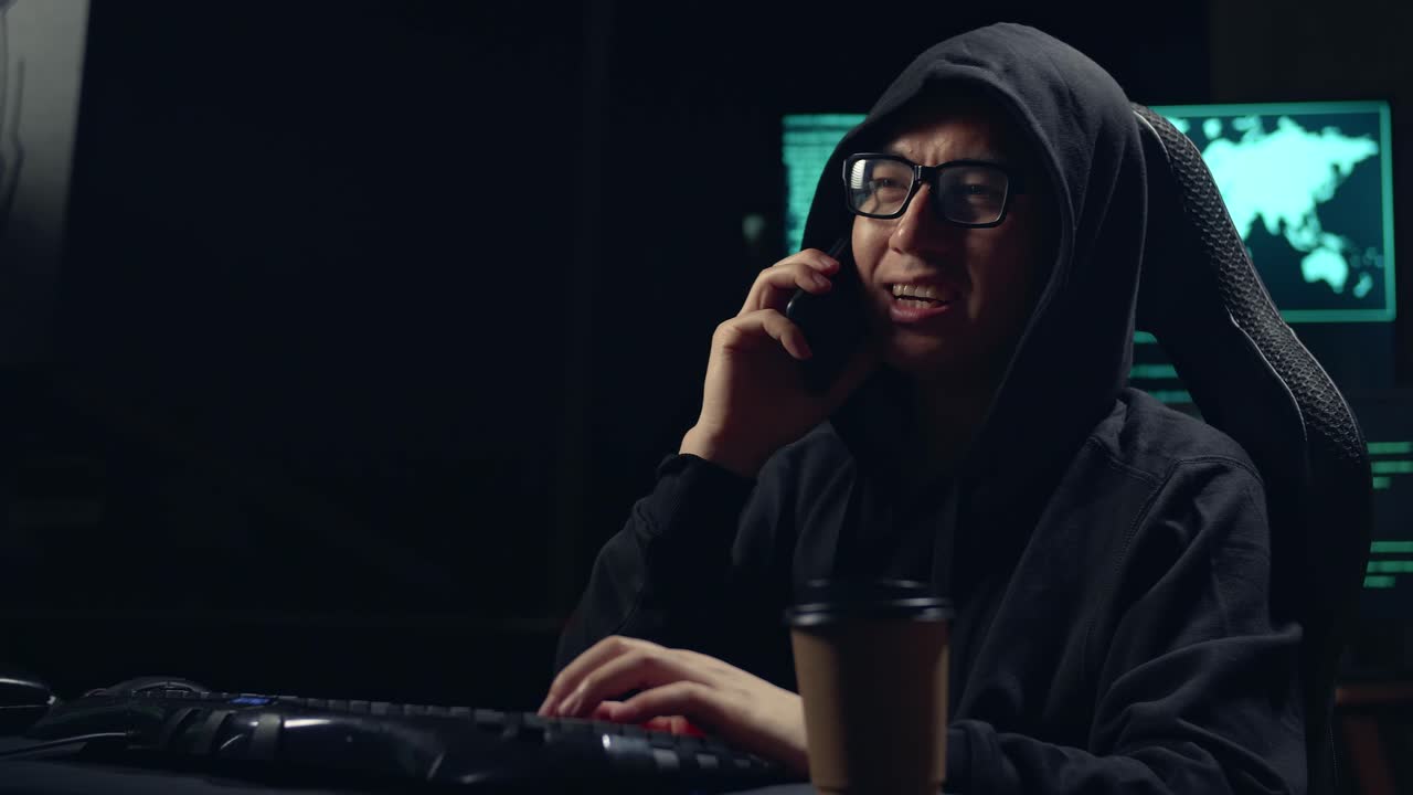 Asian Male Hacker Using Computer Hacking And Calling Phone