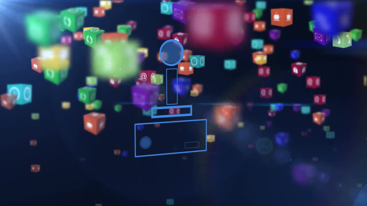 Floating colorful cubes with symbols surrounding geometric shapes in animation style