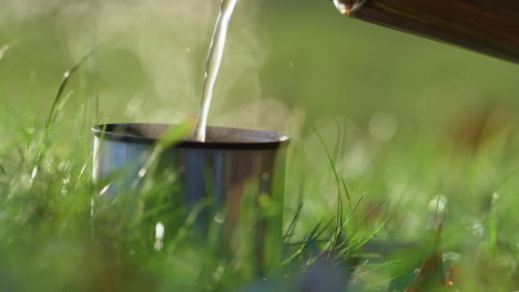 Pouring-hot-drink-cup-standing-grass-closeup.-Light-vapor-over-warm-beverage.