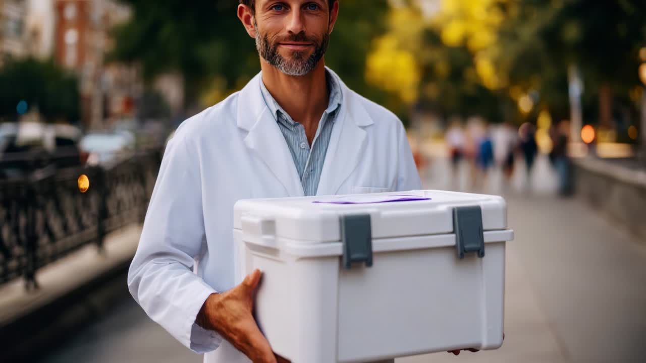 A Man in a White Lab Coat Holding a Medical Transport Box on a City Street, Smiling with Confidence Against a Beautiful Urban Background on a Bright and Sunny Day