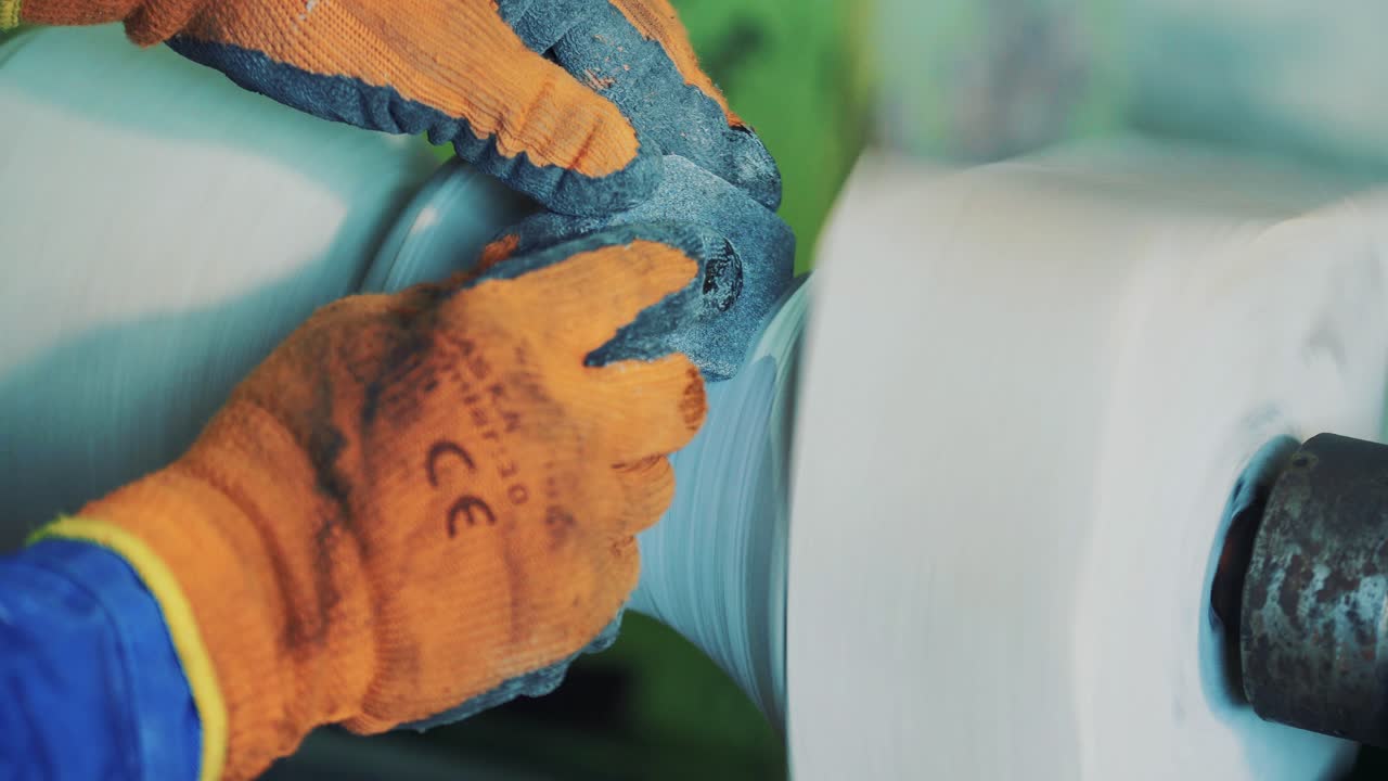 Polishing stone products on the machine. Hands of a worker in gloves grind a rotating architectural detail
