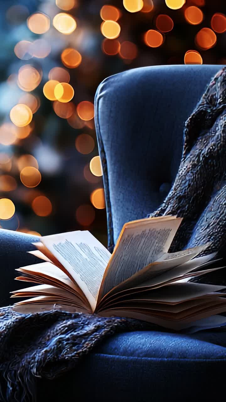 Angolo lettura accogliente: un libro aperto appoggiato su una poltrona soffice circondata da calde luci bokeh festive, perfetto per una rilassante serata invernale