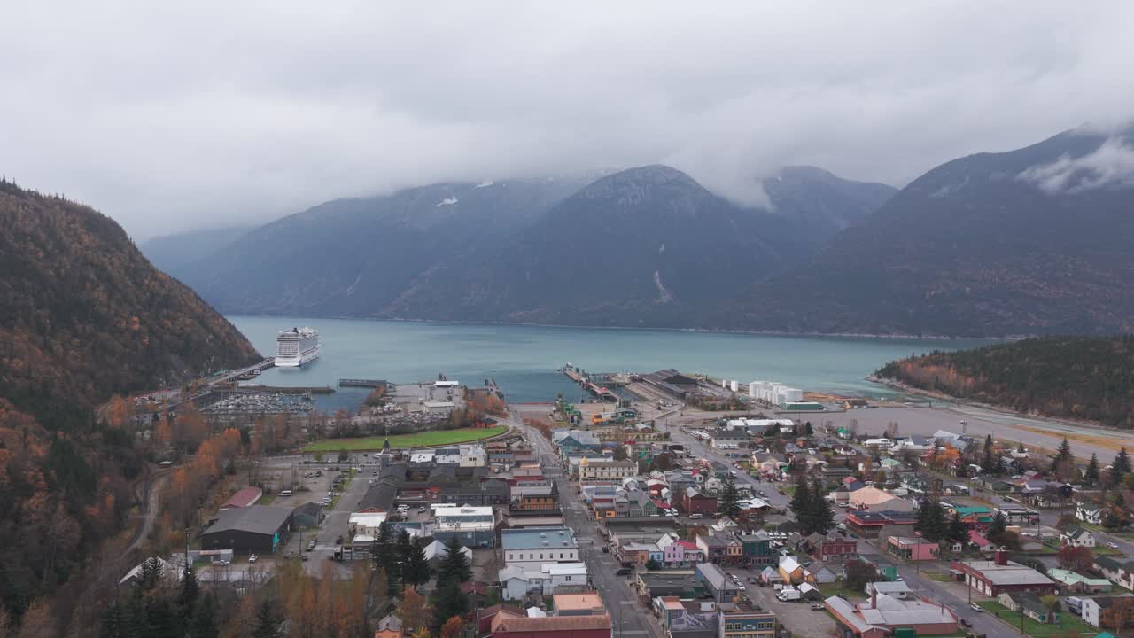 Wide aerial panning shot of the port of Skagway during the fall cruise season in Southeast Alaska. 4K