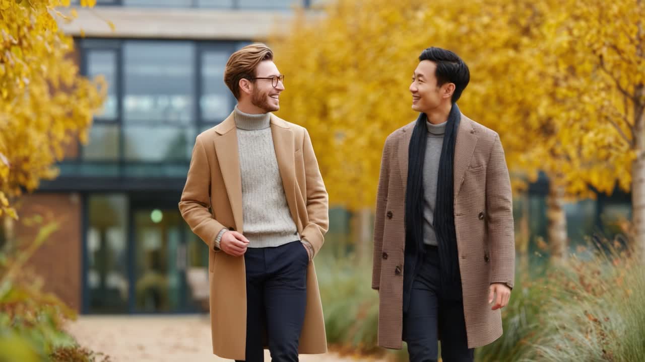 Two friends enjoying a leisurely stroll through a scenic autumn landscape, characterized by vibrant yellow leaves and a warm, inviting atmosphere that fosters connection