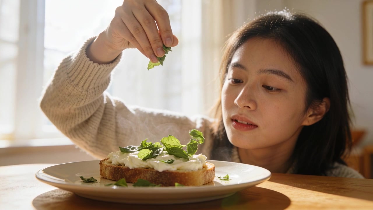 Leaning right, Asian woman in knit sweater tearing herbs, garnishing toast on white plate at window