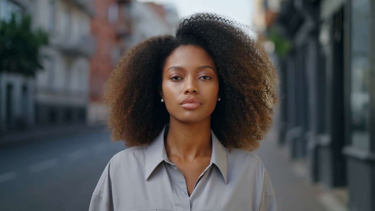 Ung afroamerikansk kvinde med krøllet hår på en bygade