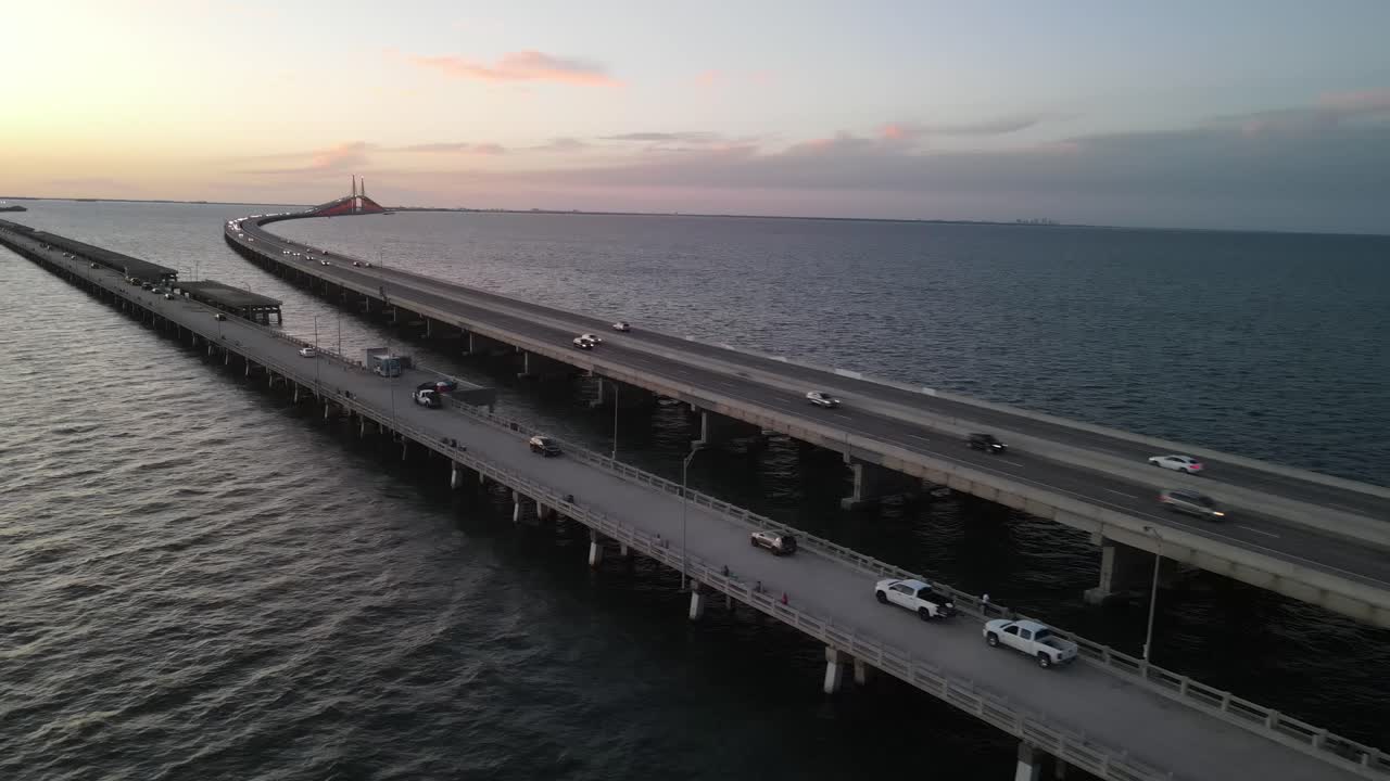 Aerial view of famous sunshine skyway bridge and fishing pier in Tampa Bay, Florida