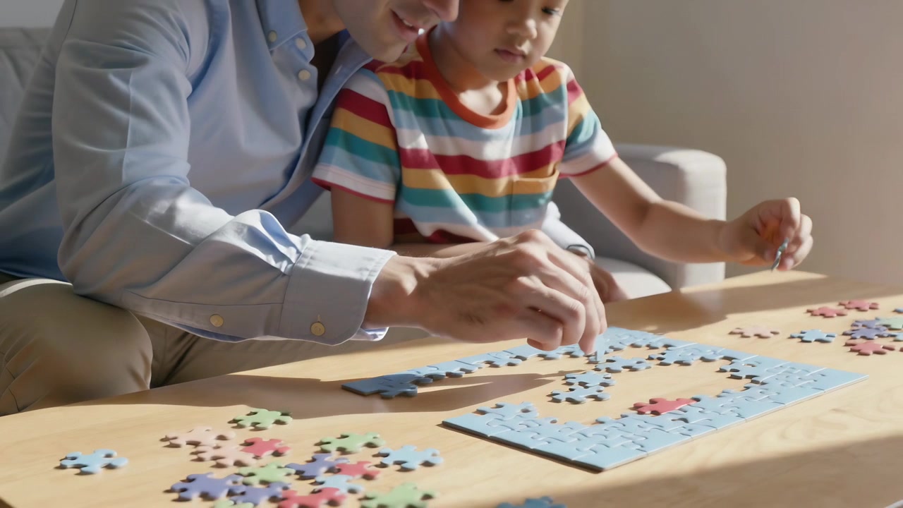 Raccogliendo pezzi di puzzle sparsi, padre in camicia blu che guida il figlio a un tavolino basso, completando il puzzle.