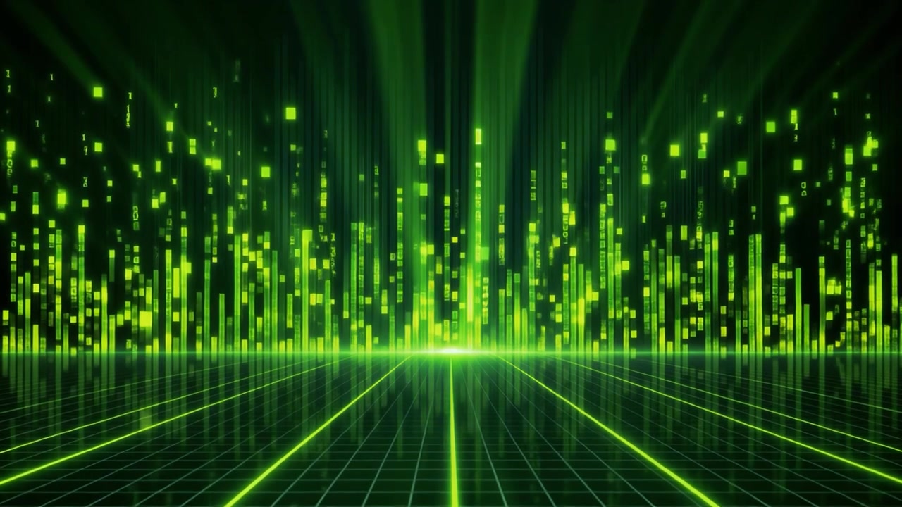 Digital Data Stream with Green Binary Code and Grid Background