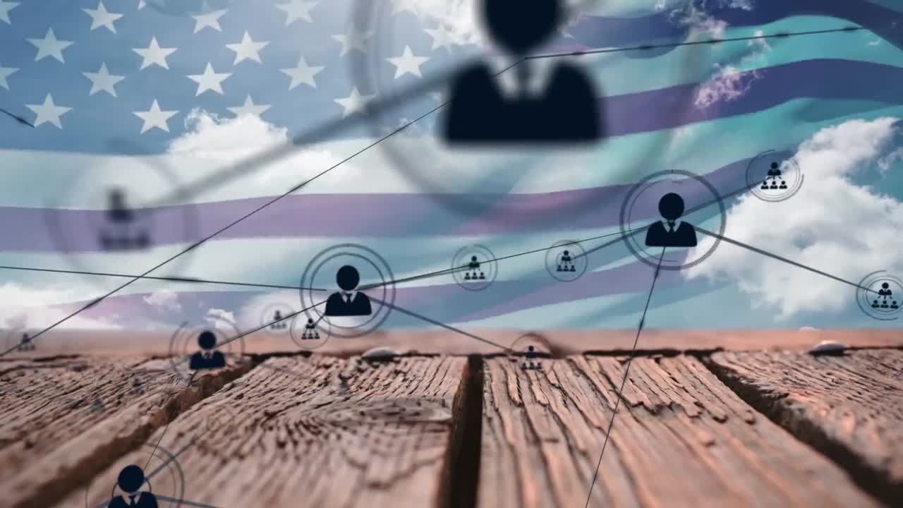 미국 발, 구름 및 나무 테이블 위에 연결된 사람들의 애니메이션 아이콘