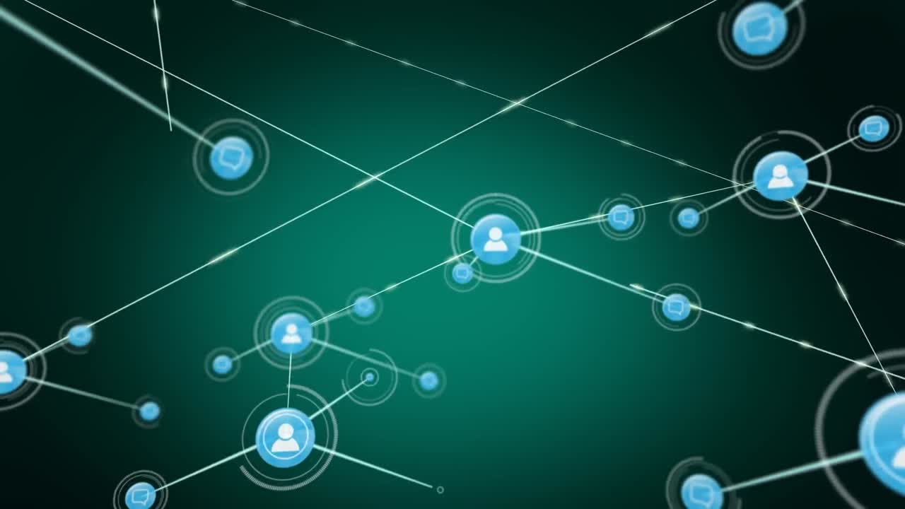 Animation of network of connections with icons over gray background