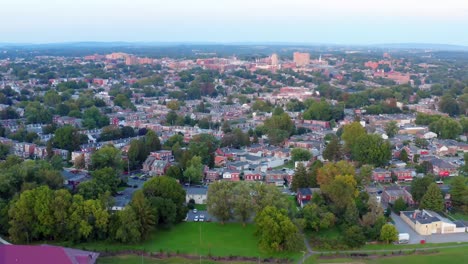 High-wide-angle-of-American-city-during-summer-blue-hour-twilight-evening-shot