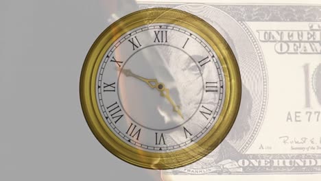 Animation-of-clock-ticking-over-burning-american-dollar-currency-banknote