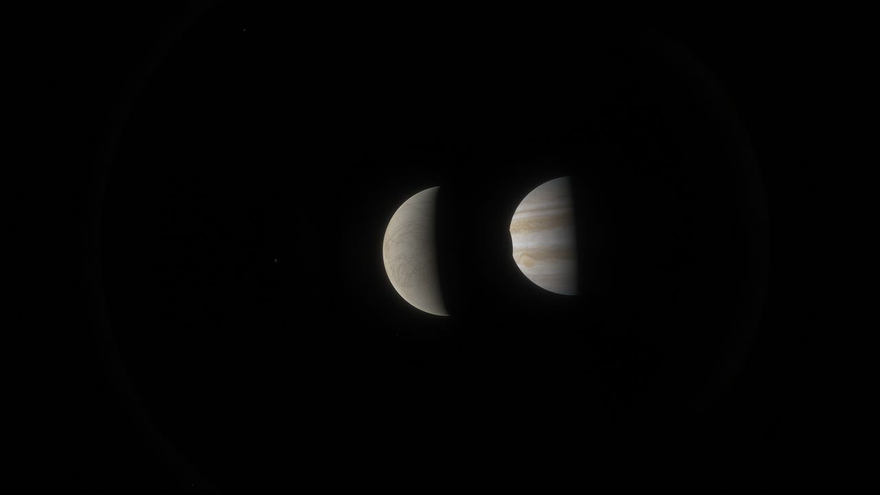A distant moon of the gas giant Jupiter is eclipsed by another off camera moon before blocking out the gas giant itself