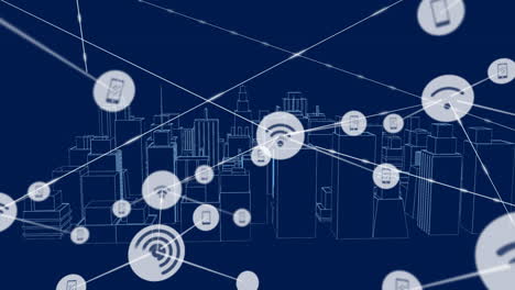 animation of network of connections with icons over 3d architectural city model