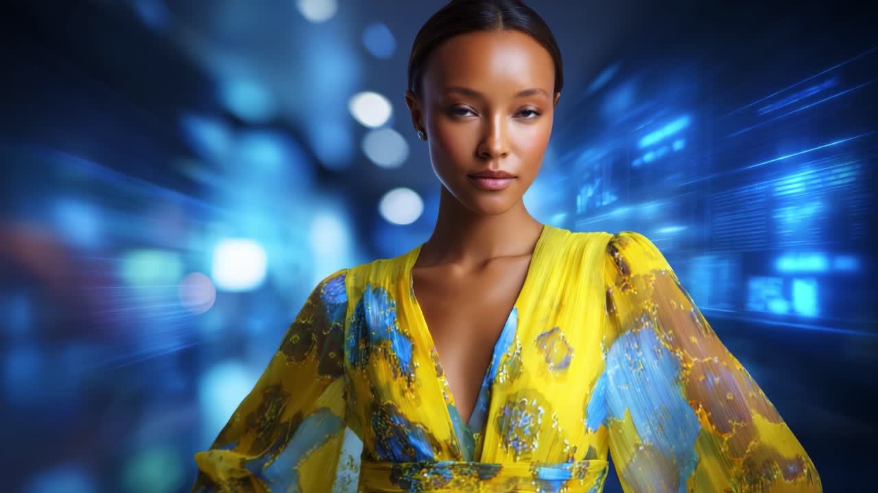 A confident woman in a vibrant yellow dress poses amidst a futuristic, blurred background, showcasing elegance and poise in a dynamic atmosphere